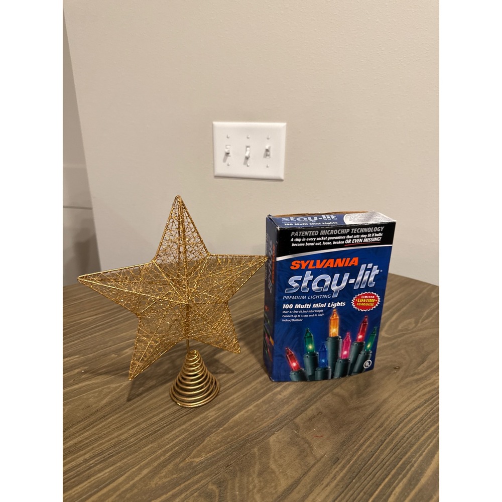 Sylvania Stay Lit 100 Mini Christmas Lights & 10" Gold Star Tree Topper 2 Pc Lot